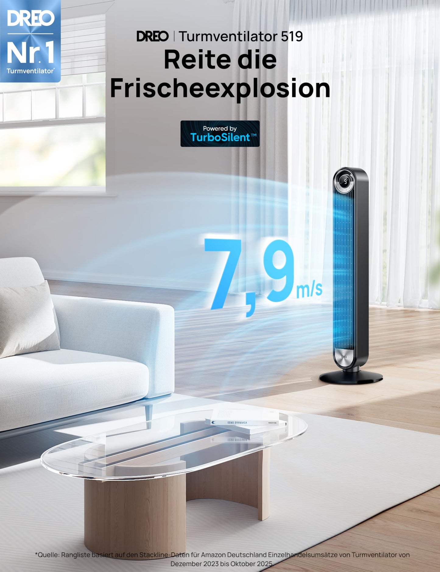 DREO Tower Fan for Bedroom, DC Stand Fan with 9 Speeds, 25 dB Ultra Quiet, 90° Oscillation, up to 8.5 m/s Airflow, 12 Hour Timer, Rotorless Fan for Home & Office - DR-HTF009