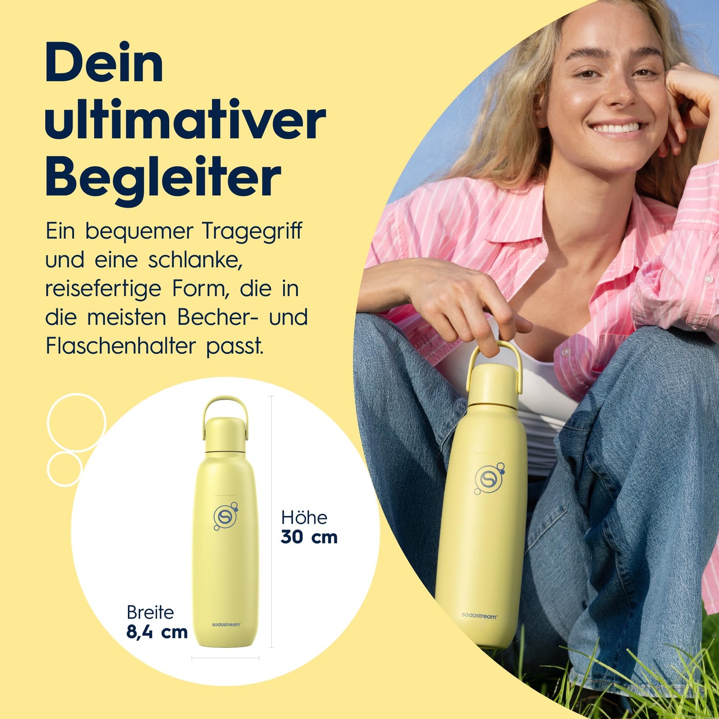sodastream Fizz & Go stainless steel soda bottle 0.9 l, double-walled insulated thermos bottle, keeps warm & cold, for carbonated drinks, compatible with DUO, TERRA, ART, ENSO & more, lemon yellow - 1062417440