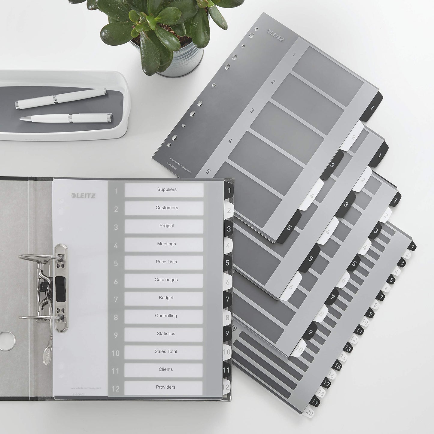 Leitz index for A4, pack of 6, PC-writable cover sheet and 20 dividers, tabs with numbers printed 1-20, extra width, white/black, polypropylene, WOW, 12170000 - 12170000-6