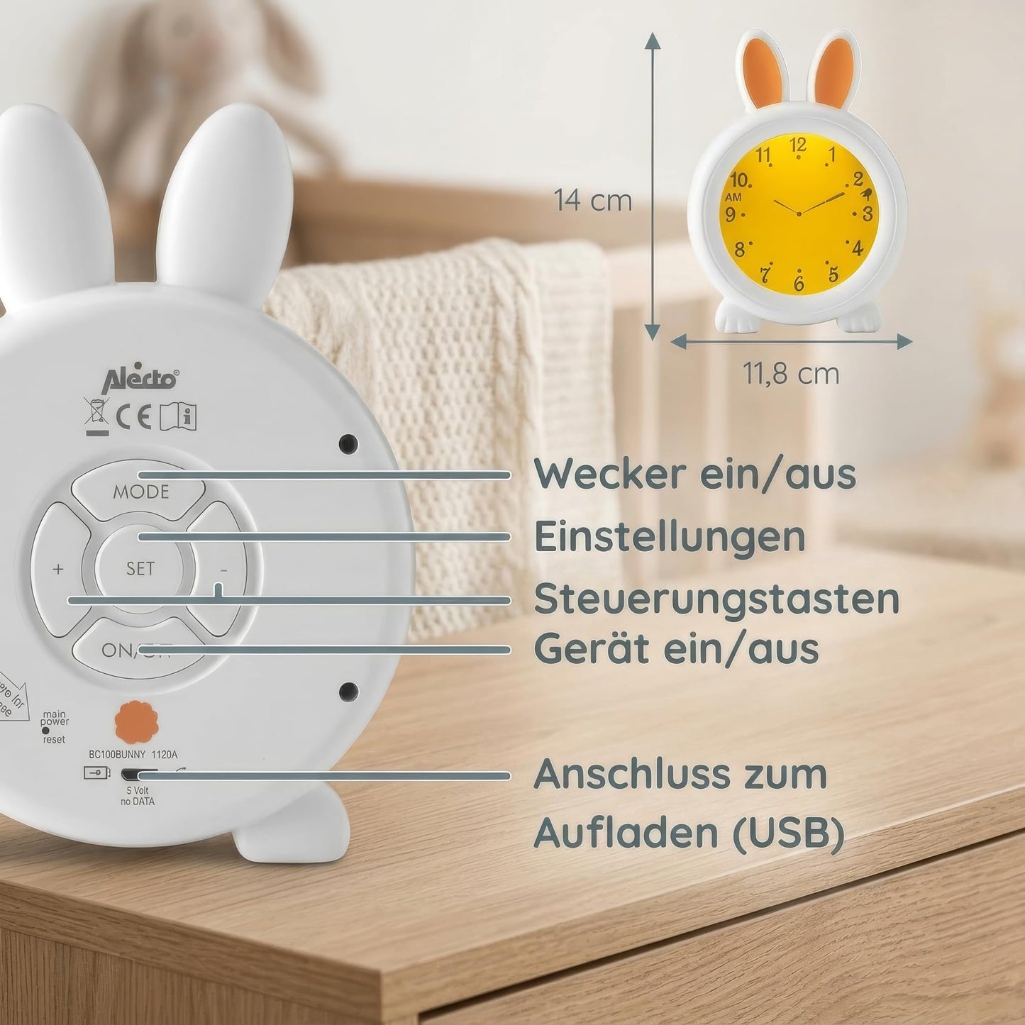 Alecto Monkey Alarm Clock Children - Children's Alarm Clock USB Rechargeable - Children's Alarm Clock with Night Light - Sleep Trainer (White) - BC100