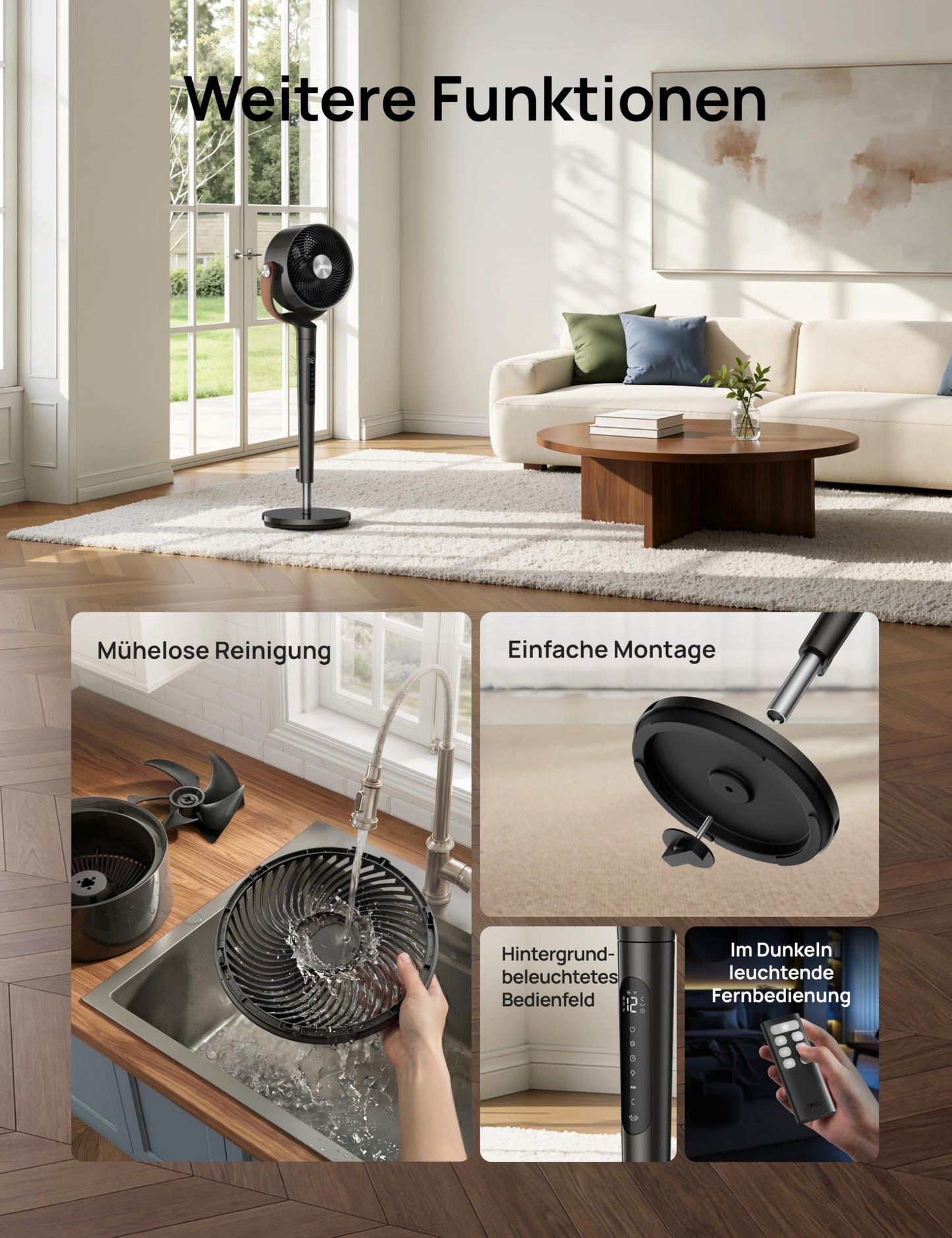DREO 20dB quiet smart pedestal fan for bedrooms with RGB LED, 150°+120° oscillation, 30m air circulation fan and 2209m³/h air volume, 12 speeds, 6 modes, 94-107cm height, WiFi & Alexa - DR-HAF003S