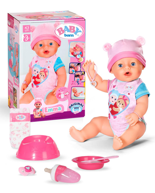 BABY Born Emma - 43 cm tall baby doll - 10 functions including accessories & romper - Works completely without batteries - Suitable for children aged 3 and over - 836392