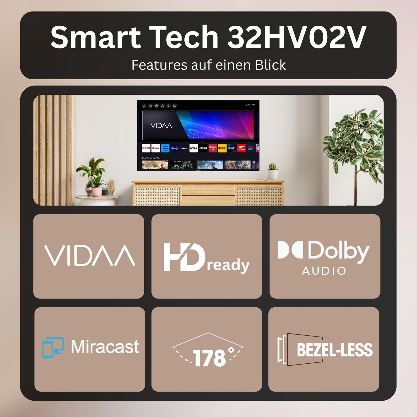 Smart Tech 32HV02V TV 32 inch Smart TV VIDAA - TV with HD resolution and triple tuner, LED TV (2026) - 32hv02v