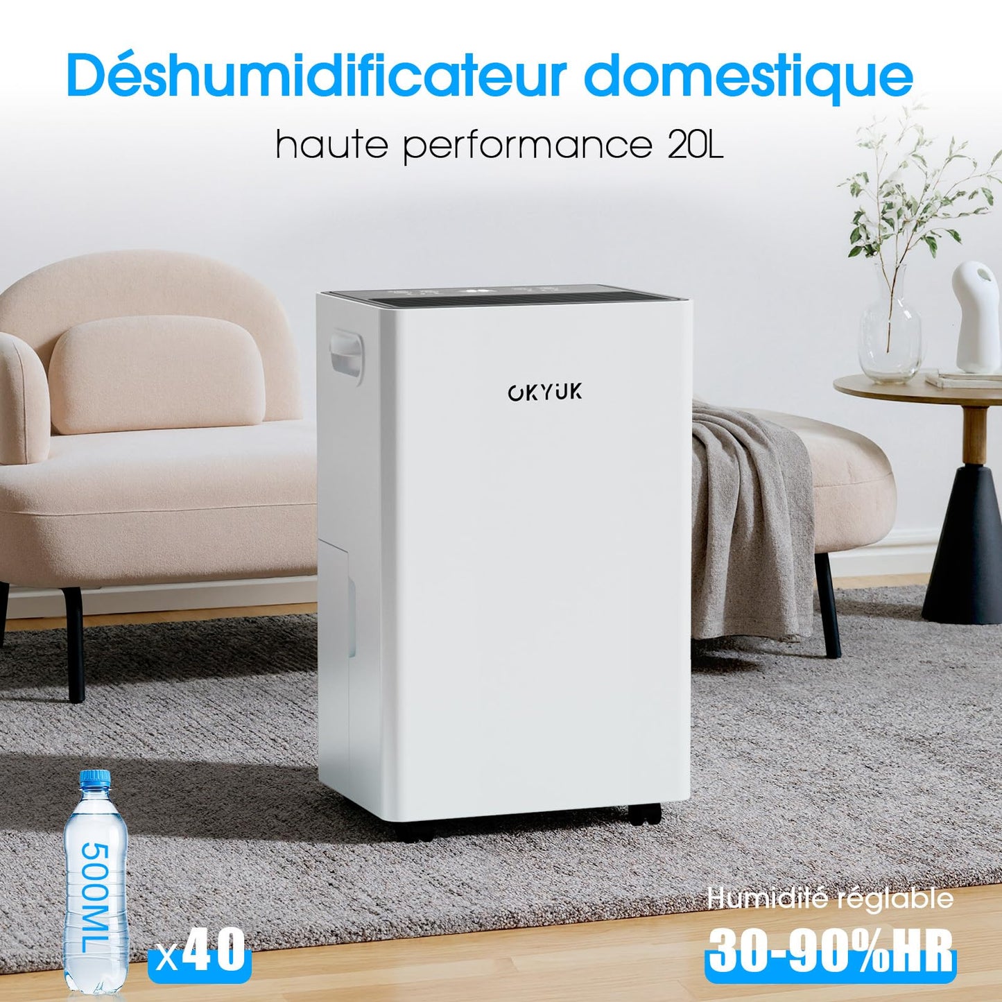 OKYUK Electric Dehumidifier 20L with Digital Humidity Display, 36dB Quiet 40m², with Automatic Switch-Off, for Motorhome, Bathroom, Basement, 1 Year Exchange/10 Year Warranty (20L White) - PD20R-06EE