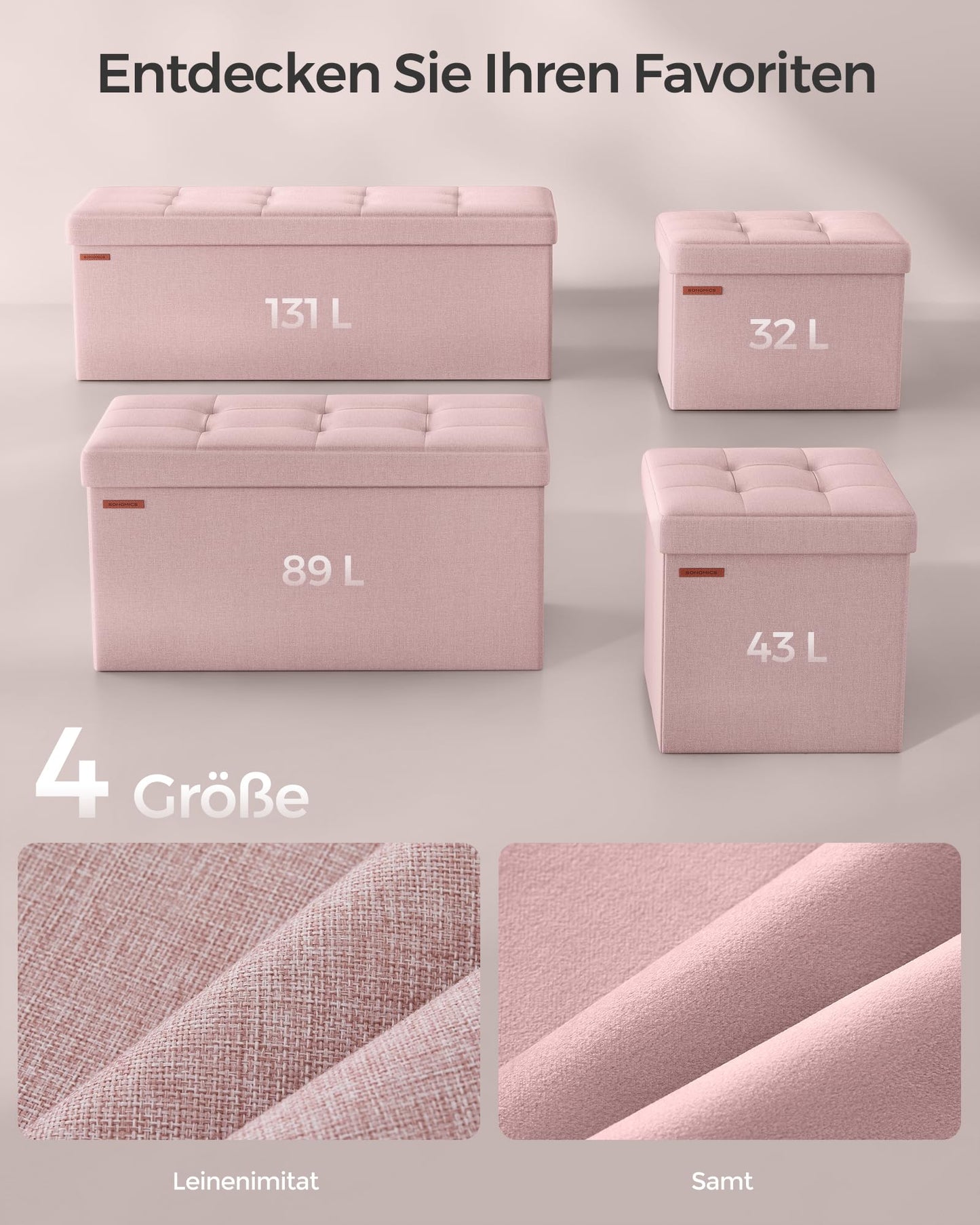 SONGMICS Stool with storage space, folding bench, 38 x 110 x 38 cm footstool, storage box, load capacity up to 300 kg, for living room, bedroom, hallway, pastel pink LSF077R11 - 6955880314393