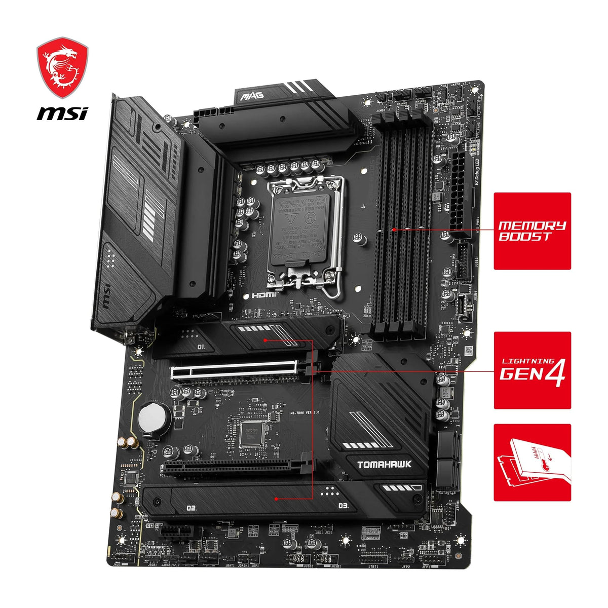 MSI MAG B760 Tomahawk WiFi Placă de bază, ATX - Suportă procesoare Intel Core din generațiile 12, 13 și 14, LGA 1700-75A DrMOS VRM, DDR5 Memory Boost 7000+MHz/OC, PCIe 5.0 x16, M.2 Gen4, Wi-Fi 6E - 7D96-003R