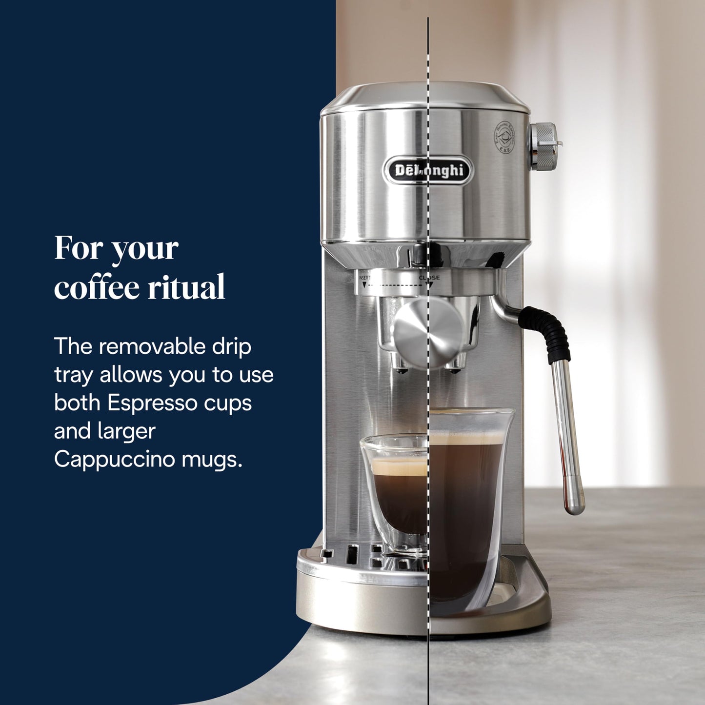 De'Longhi Dedica Duo - Perfetto compact portafilter machine espresso machine with soft-touch icons, manual milk frother for espresso, cappuccino and cold brew, 15cm wide, metal (EC890.M)