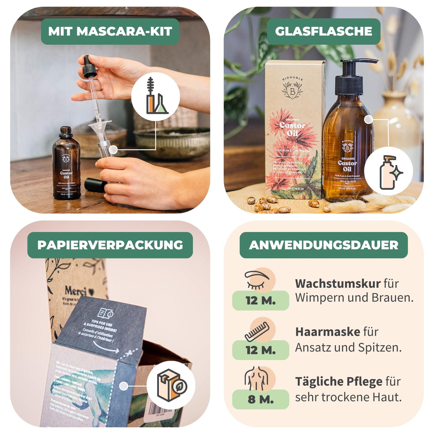 BIONOBLE Castor Oil Cold Pressed Organic + Mascara Kit - Eyelashes, Hair - 500ml - France