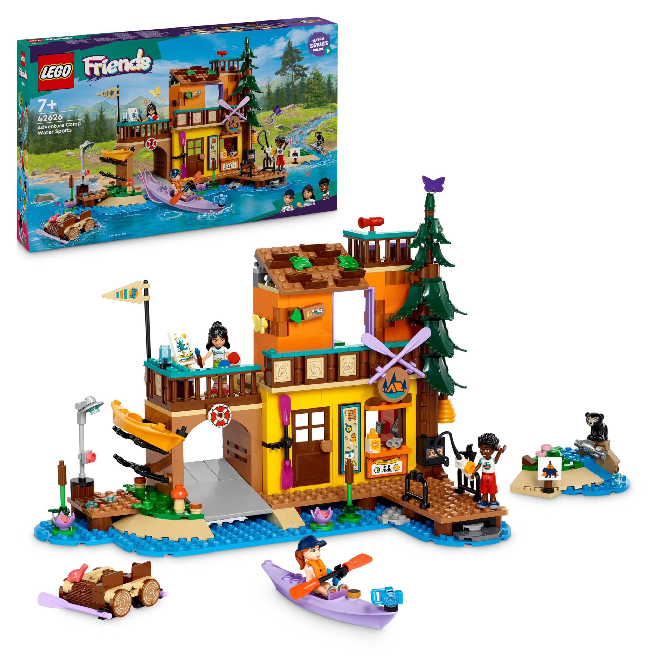 LEGO Friends adventure camp with kayak, building toy for role play, gift idea for girls and boys aged 7 and up, set with 3 toy figures and a bear, camping toy 42626