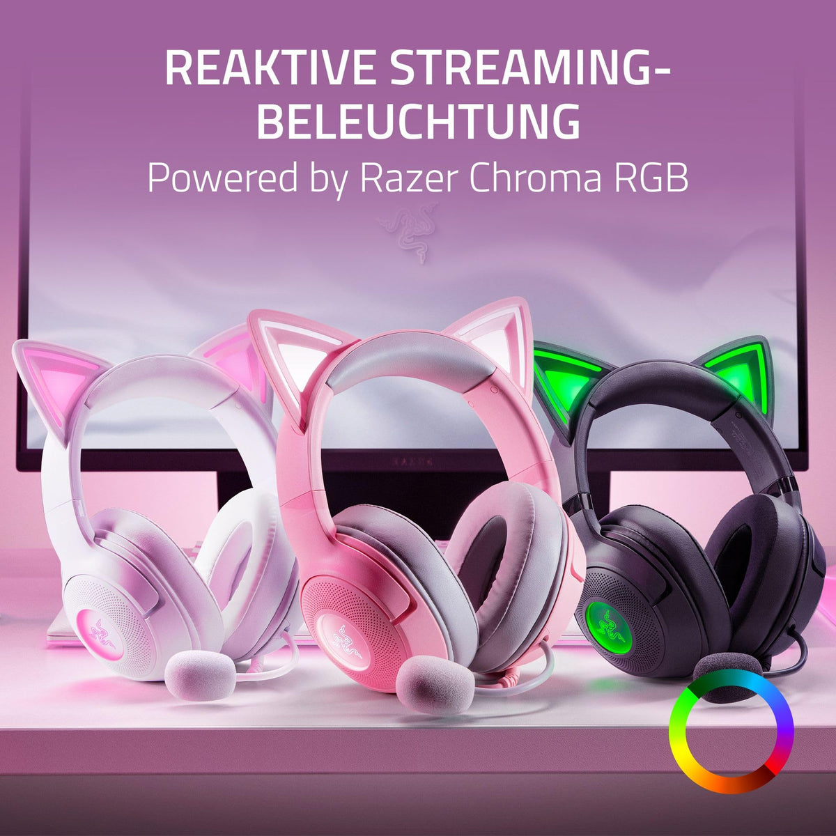 Razer Kraken Kitty V2 - Cască RGB cu fir cu urechi de pisică (Iluminare reactivă pentru streaming, microfon HyperClear, drivere Triforce de 40mm, sunet surround 7.1) Negru - RZ04-04730100-R3M1