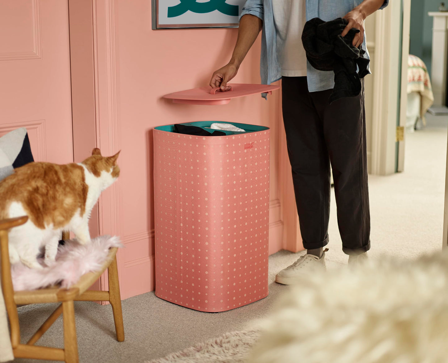Joseph Joseph Tota Pop - 60 Liter Laundry Hamper with Lid, 2 Removable Laundry Bags with Handles - Coral/Green - 50026