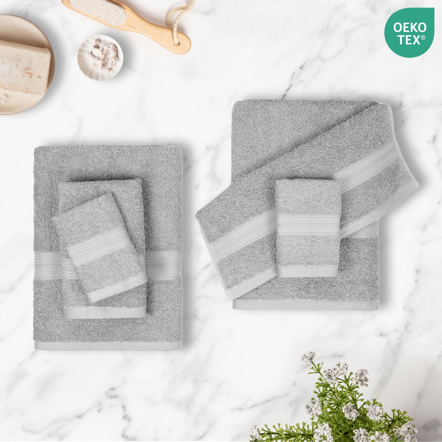 Amazon Basics Towel Set 6 Pieces 100% Cotton Fade Resistant Soft 2 Bath Towels + 2 Hand Towels + 2 Wash Cloths Gray - ABFR-6P-GY