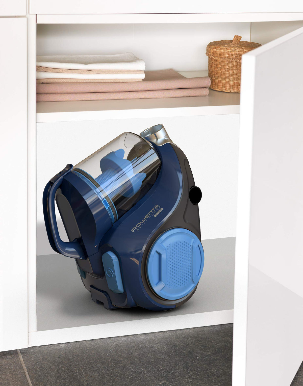 Rowenta Swift Power Cyclonic Bagless Vacuum Cleaner, 900 Watts, powerful suction, 1.2 L dust container, high filtration, large area coverage, bagless vacuum cleaner with cord, blue, RO2981EA - 7211004084