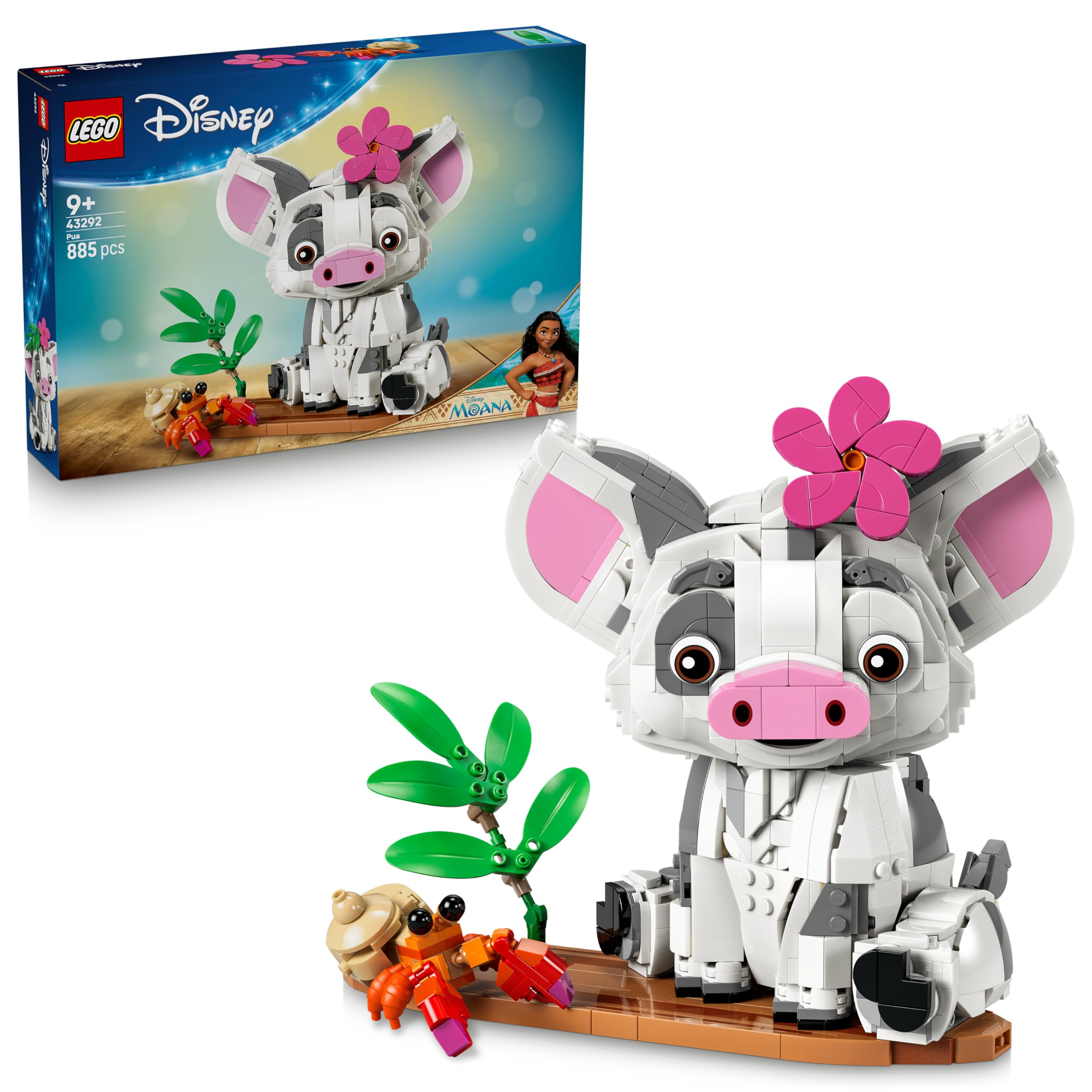 LEGO | Disney Moana Pua - toy pig with flower, crab and raft stand as room decoration - birthday gift for girls aged 9 and over and film fans - 43292