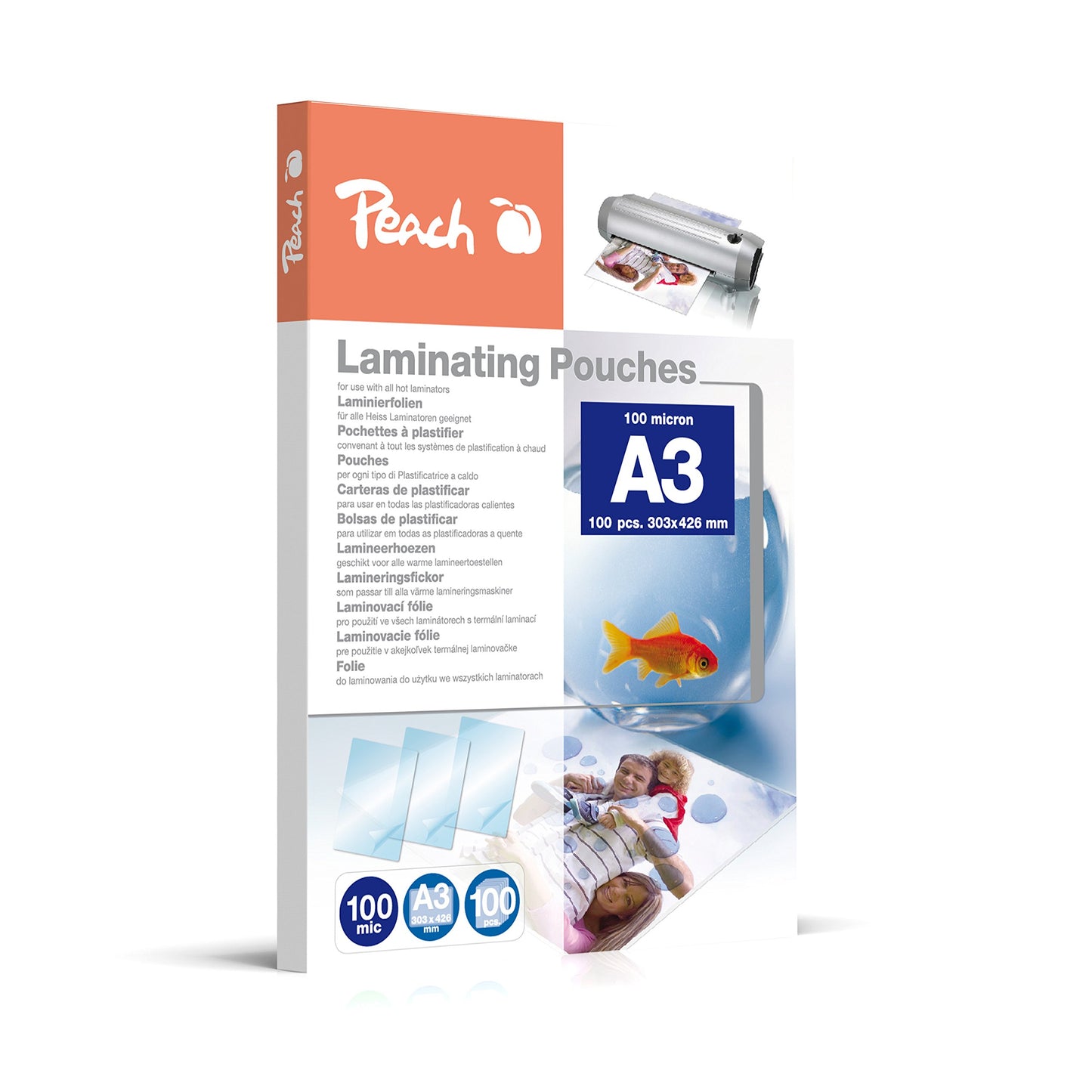 Peach laminating pouches A3-100 mic - 100 pouches - premium quality for best laminating results - compatible with devices from all brand manufacturers - PP500-01