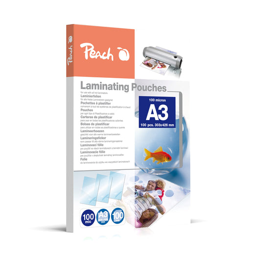 Peach laminating pouches A3-100 mic - 100 pouches - premium quality for best laminating results - compatible with devices from all brand manufacturers - PP500-01