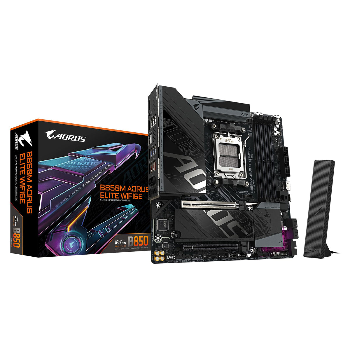 GIGABYTE B850M AORUS Elite WIFI6E Motherboard – Compatible with AMD Ryzen 9000 Series processors, featuring a digital 12+2+2 phase VRM, supports up to 8200 MHz DDR5 (O.C.), 1x PCIe 5.0 + 1x PCIe 4.0 M.2, Wi-Fi 6E, and 2.5 GbE LAN.