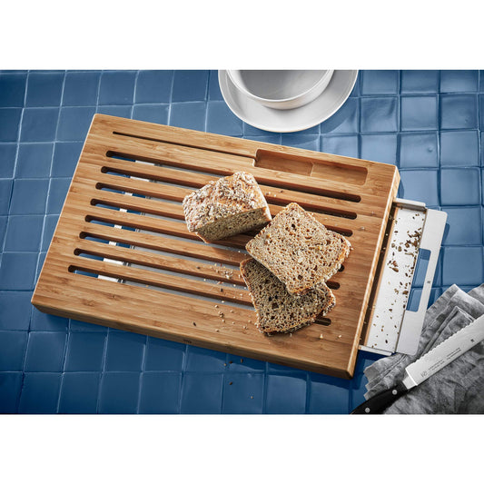 WMF bread cutting board with crumb catcher, cutting board with drip tray 44 x 27 x 4.8 cm, wooden cutting board with crumb tray, bamboo, grid shape, gentle on blades - 1892014500
