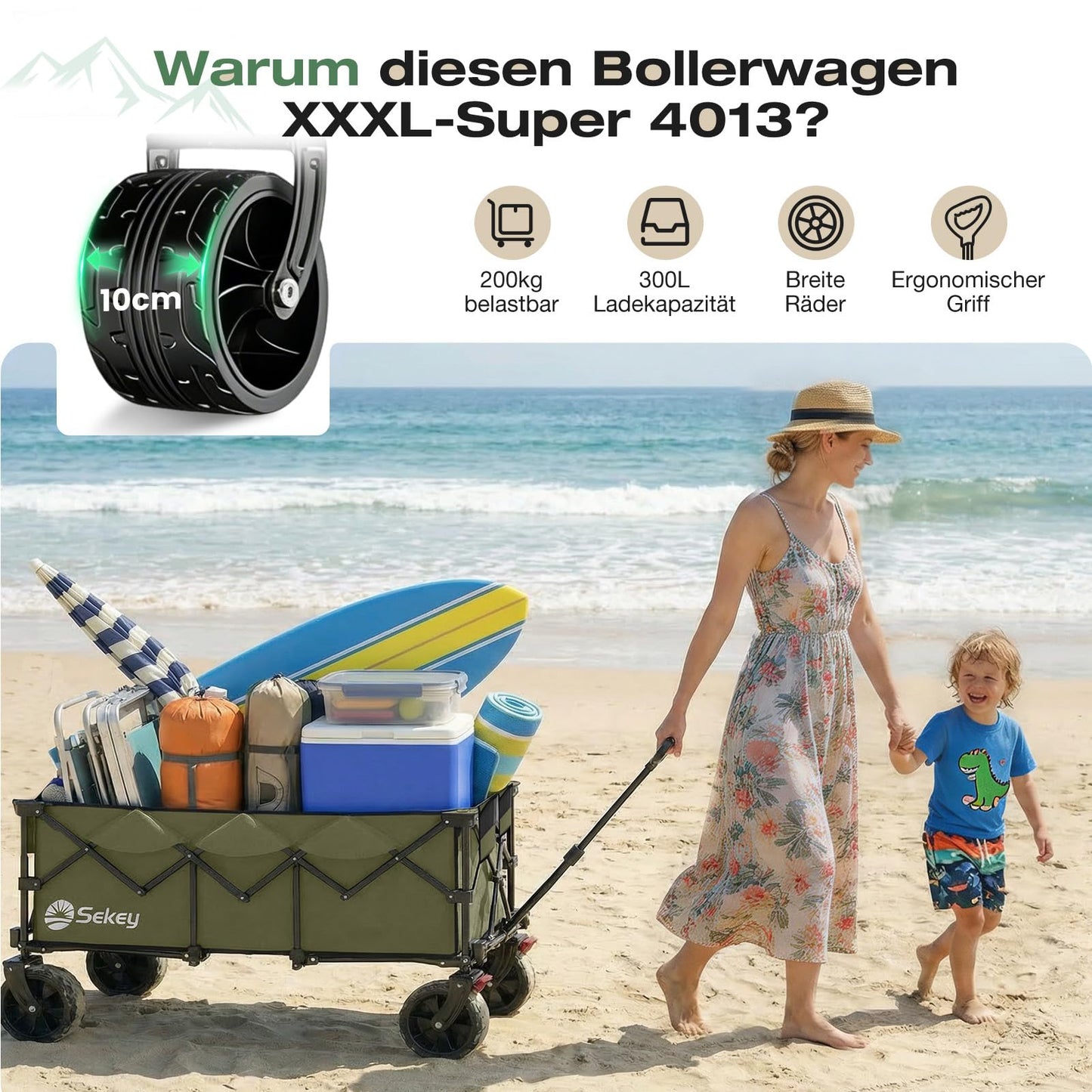 Sekey XXXL Handcart Foldable 300L 200KG Heavy Duty, Extended Folding Handcart with Extra Width 17x10 cm All-Terrain Wheels Handcart, Patented 4-Way Instant Assembly Transport Cart, Olive Green - 4013