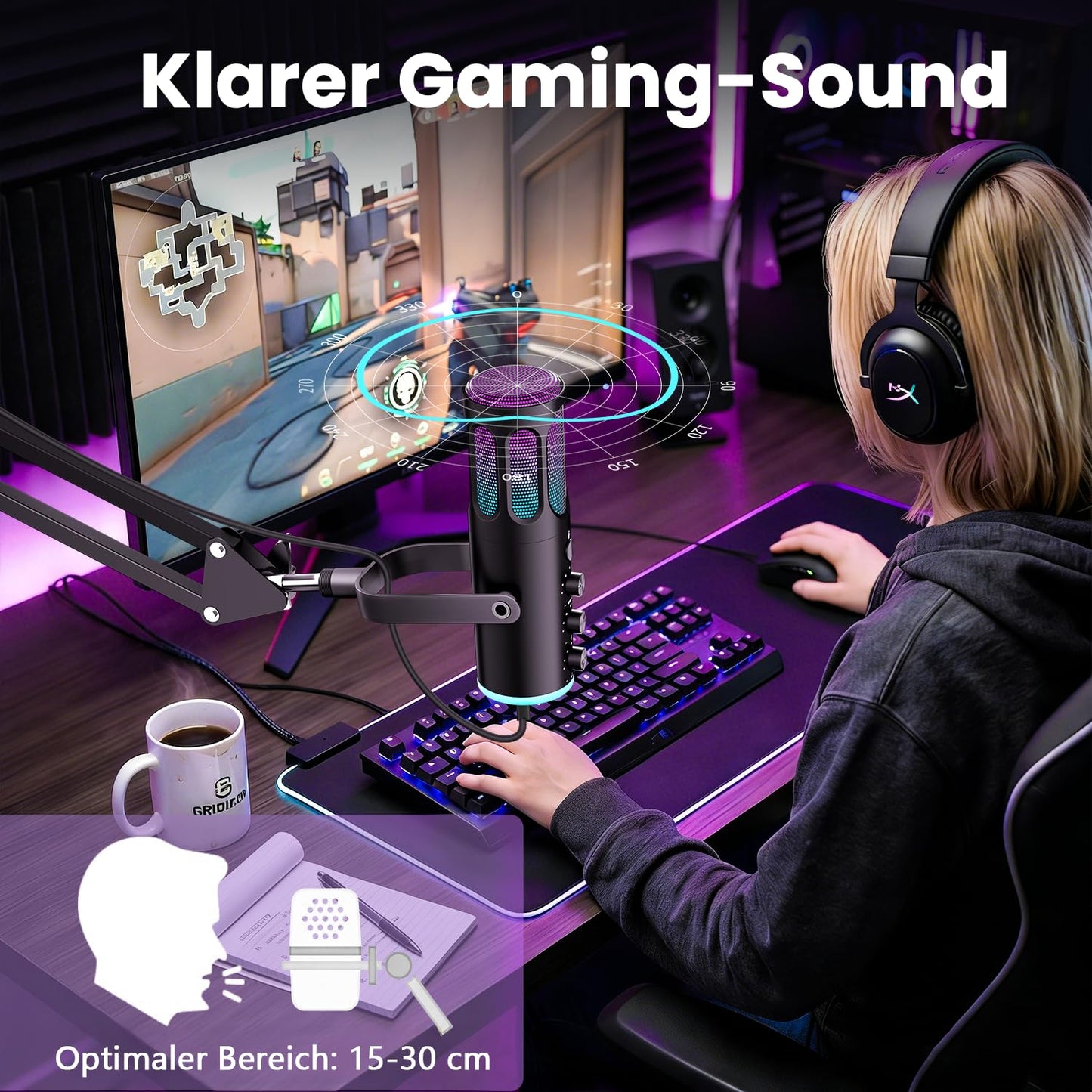 Ortizan USB gaming microphone PC with swivel arm, mute and monitoring - C1