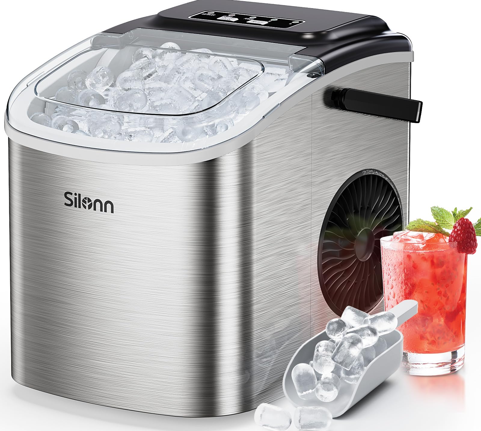 Silonn ice cube machine, small ice cube machine with carrying handle, 9 ice cubes in just 6 minutes, 12 kg of ice in 24 hours. Self-cleaning, compact with 2 ice sizes, ideal for kitchen, office and parties, silver - SLIM09T