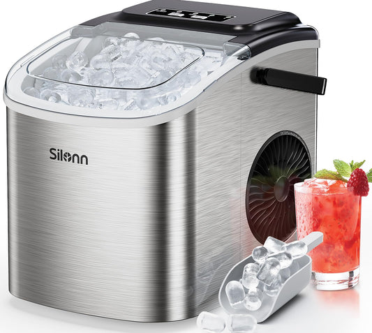 Silonn ice cube machine, small ice cube machine with carrying handle, 9 ice cubes in just 6 minutes, 12 kg of ice in 24 hours. Self-cleaning, compact with 2 ice sizes, ideal for kitchen, office and parties, silver - SLIM09T