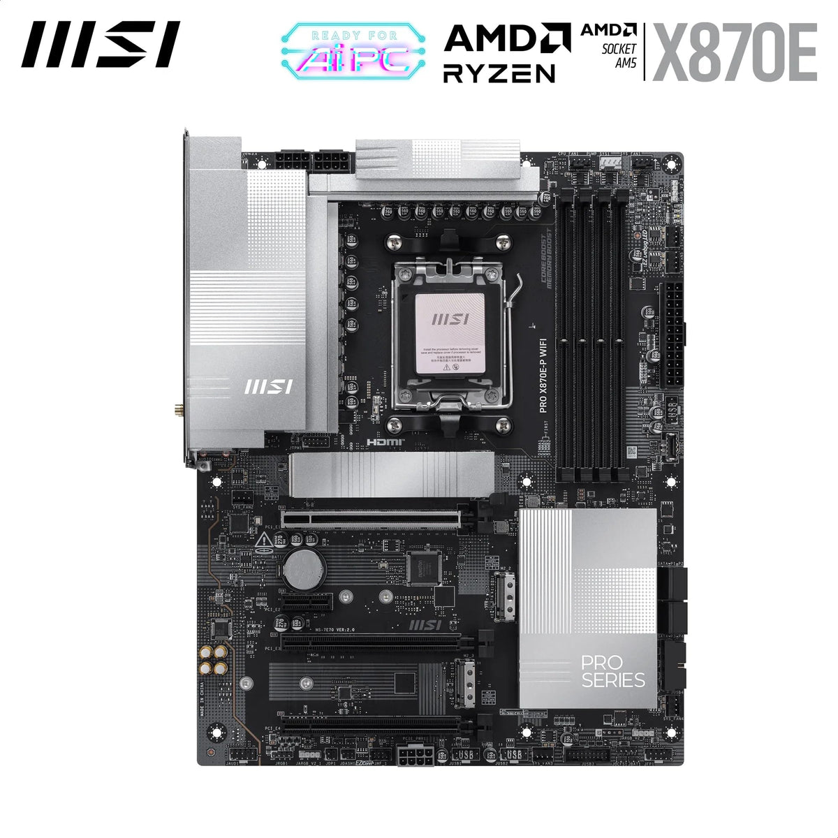 Placa de bază MSI PRO X870E-P WiFi, ATX - Suportă procesoare AMD Ryzen 9000/8000 / 7000, AM5-60A SPS VRM, DDR5 Memory Boost (8200+ MT/s OC), PCIe 5.0 x16 & 4.0 x16, M.2 Gen5, Wi-Fi 7, 5G LAN