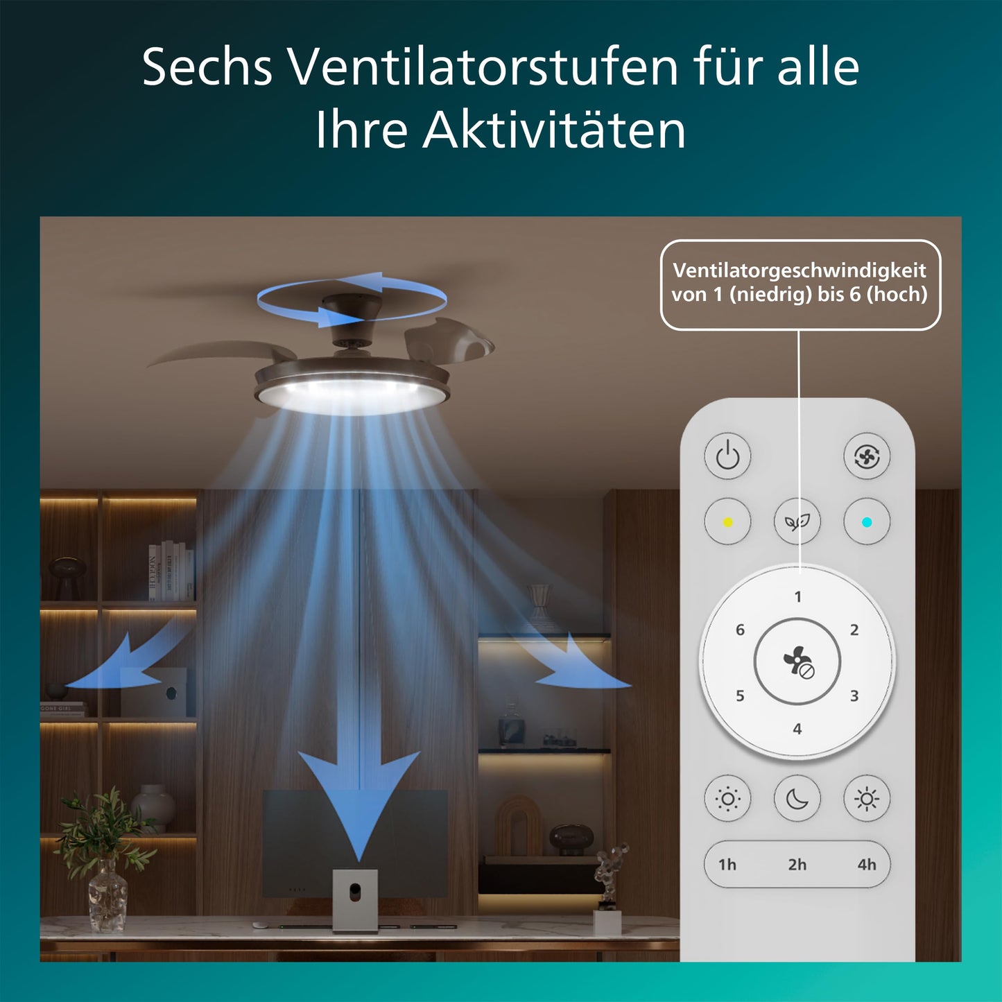 Philips Atlas ceiling fan with LED light and retractable blades, 3 blades, 106 cm wingspan, 4,500 lumens, adjustable. Light (3,000 K to 6,500 K), dimmable up to 5%, incl. remote control, nickel - 929004749901