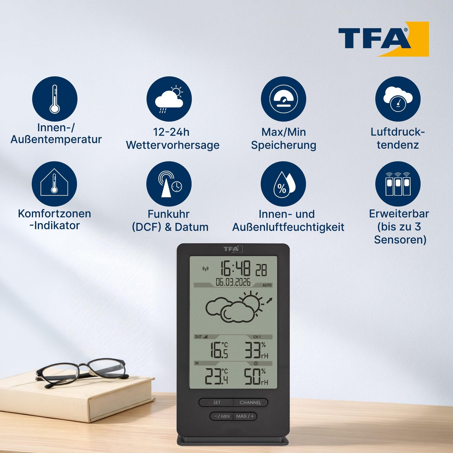 TFA Dostmann digital radio weather station with outdoor sensor, 35.1162.10, indoor and outdoor climate, with transmitter, weather forecast, including radio clock, temperature/humidity, Amazon exclusive, gray