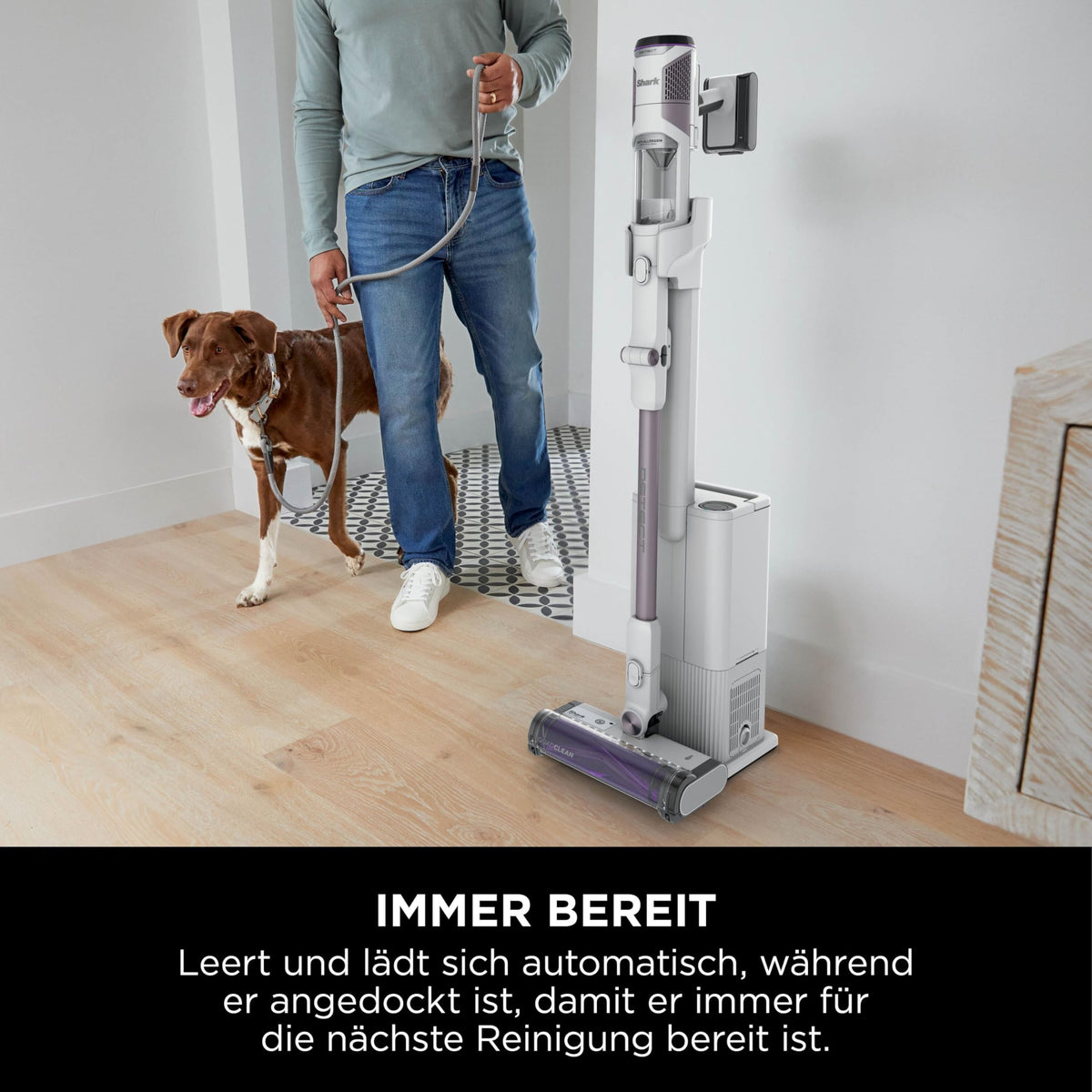 Shark Detect Clean & Empty Cordless Vacuum Cleaner with Docking Station, up to 60 minutes runtime, ideal for pet hair, allergy sufferers, carpets & hard floors, with LED light, 3 attachments, white, IW3613EUT
