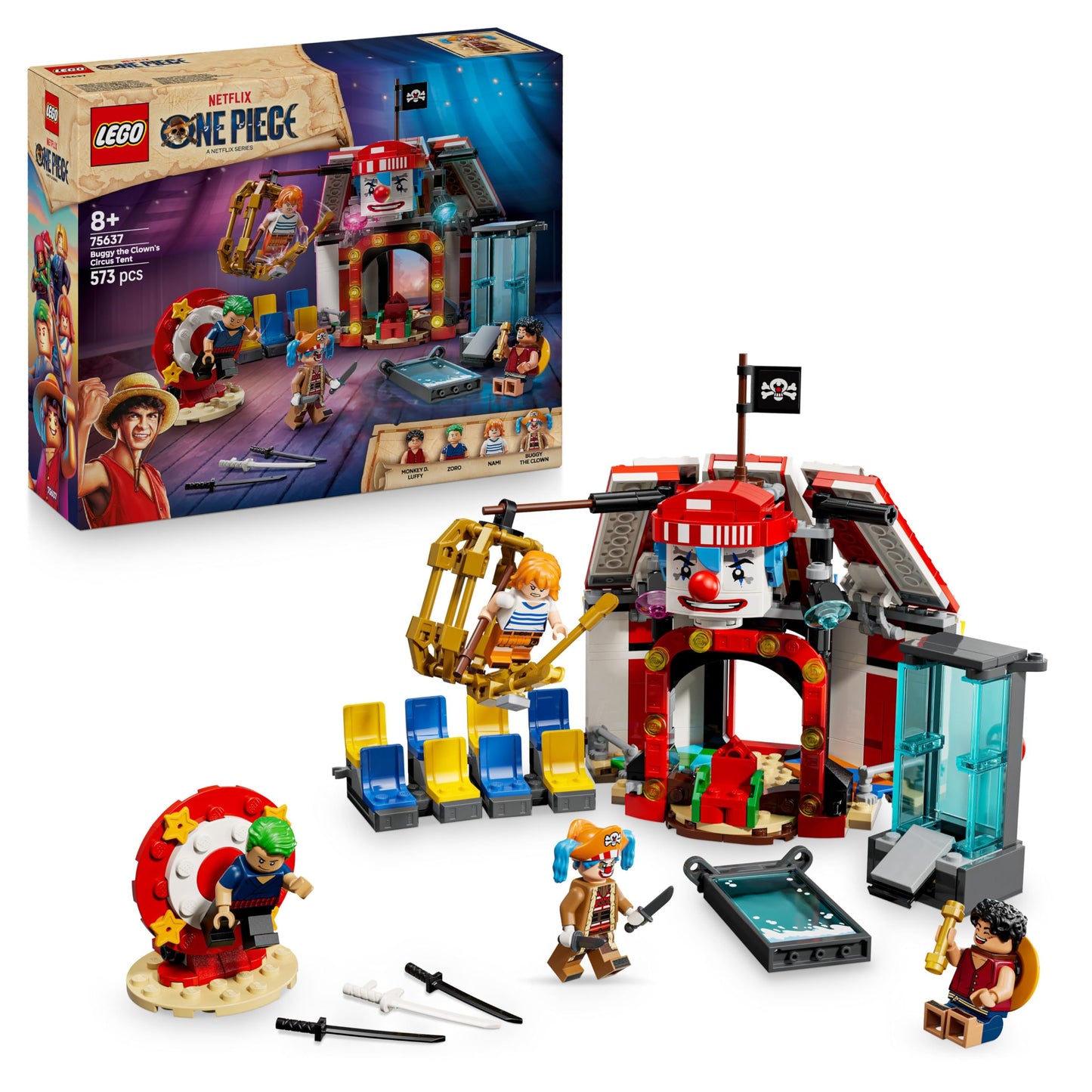 LEGO ONE PIECE Buggy the Clown circus tent - interactive toy with 4 minifigures - Luffy, Nami & Zoro and 2 profiles - creative gift for boys, girls and fans aged 8 and over - 75637