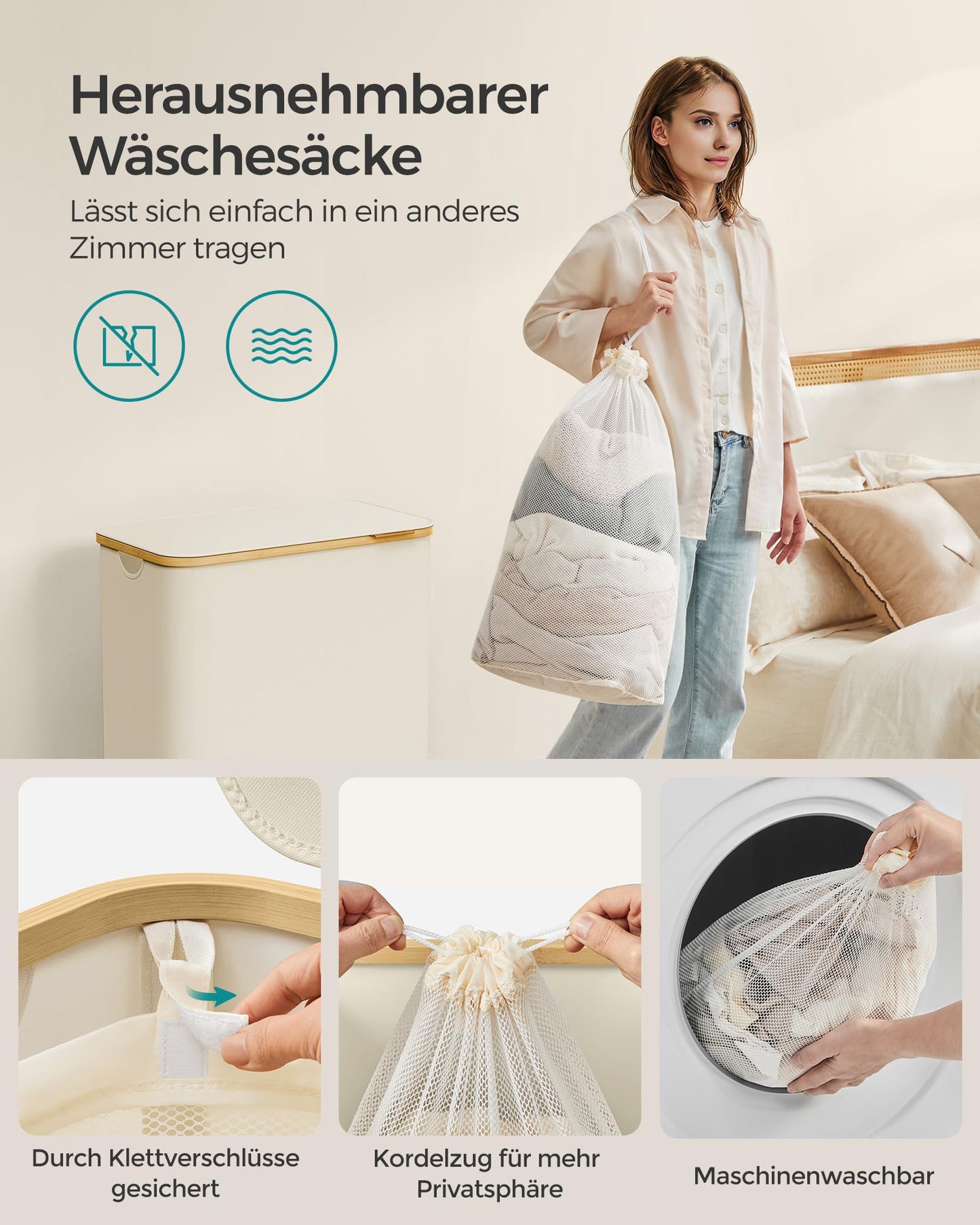 SONGMICS Laundry Basket with Lid, Laundry Hamper with 2 Compartments, 130L, Removable Laundry Bag, Oxford Fabric, Bamboo Handles, Foldable, 52 x 38.5 x 70.5 cm, Cream White LCB513W01 - LCB513W01V1