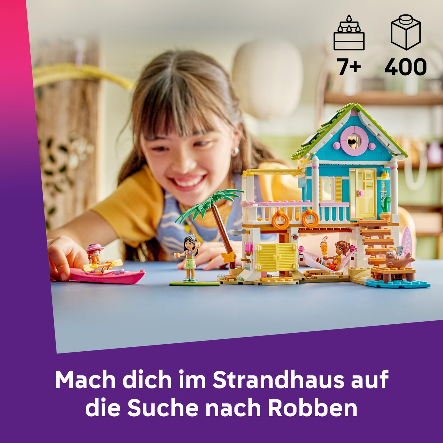 LEGO Friends beach house with seals - miniature playset with 3 mini dolls, 2 sea animal figures and accessories including surfboard and kayak - birthday gift for girls aged 7 and over - 42699