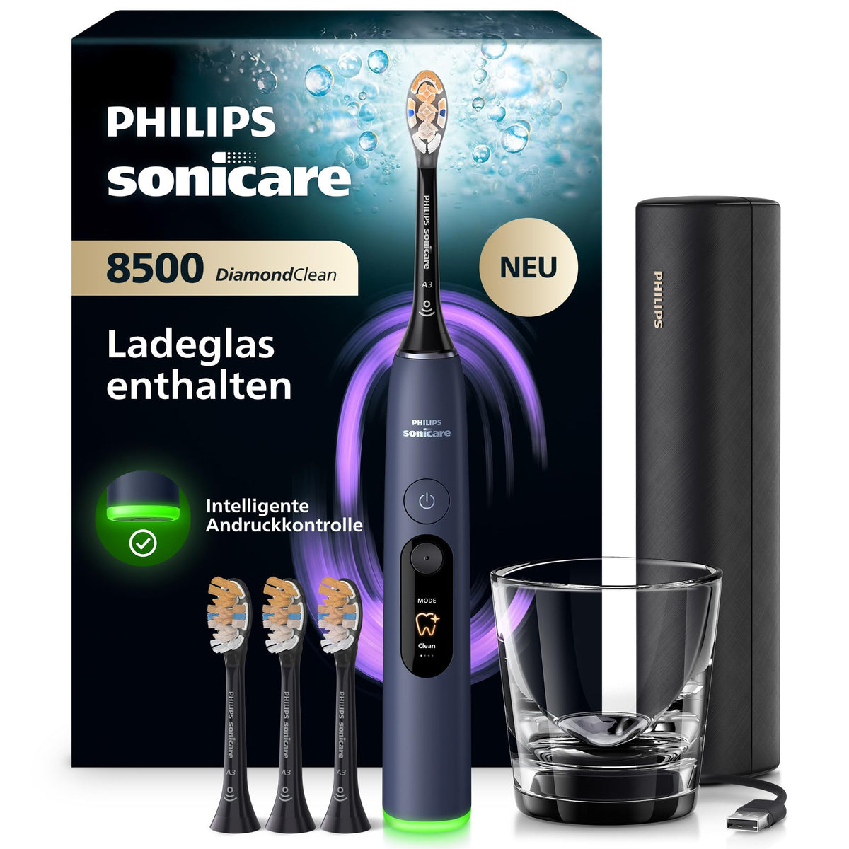 Philips Sonicare Next-Generation DiamondClean 8500 Electric Toothbrush - featuring smart pressure control and 18 settings, Dark Blue, HX8515/13