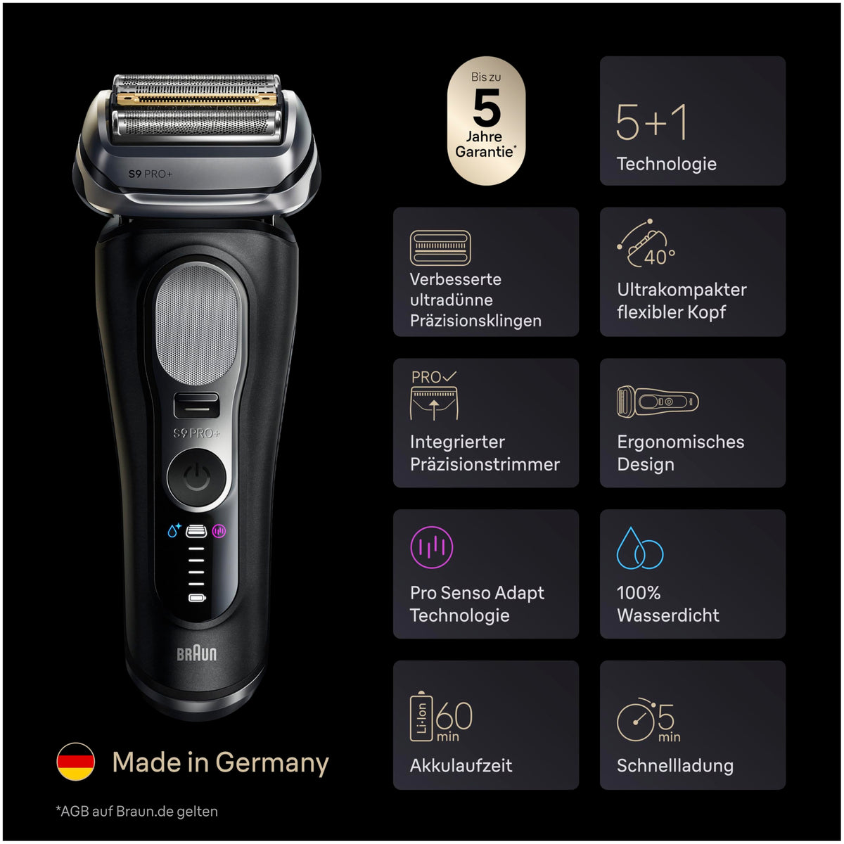 Braun Electric Shaver for Men Series 9 PRO+, 9610si, Black - 9610SI