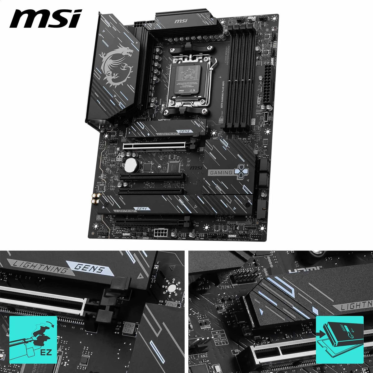 MSI X870 Gaming Plus WiFi Motherboard, ATX - Supports AMD Ryzen 9000/8000/7000 processors, AM5-14+2+1 Duet Rail System, DDR5 8200+MT/s (OC), PCIe 5.0 x16 & 4.0 x16, M.2 Gen5, Wi-Fi 7, 5G LAN - 7E47-004R