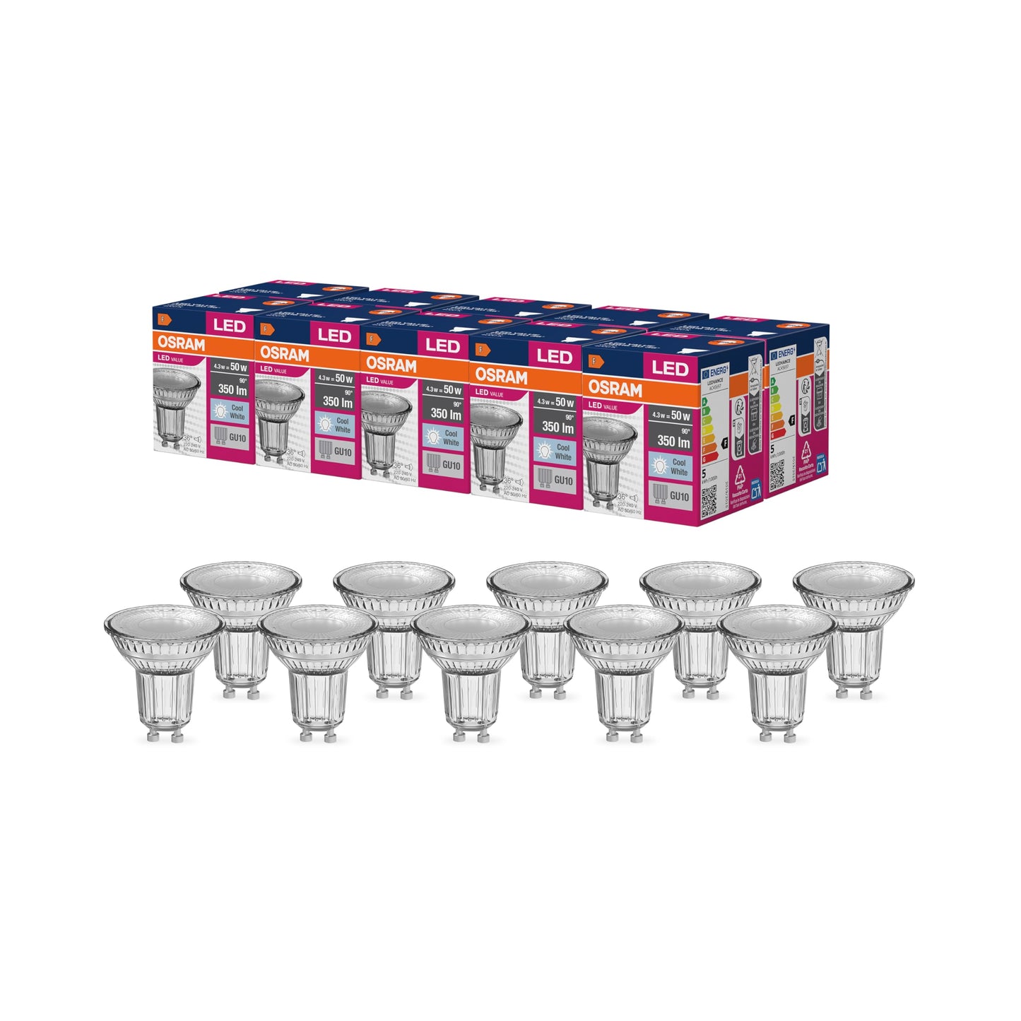 Osram LED Star Value PAR16 LED lamp for GU10 base, reflector lamp, GL, 350 lumens, cold white (4000K), replacement for conventional 50W light bulbs, not dimmable, pack of 10 - 4058075055162
