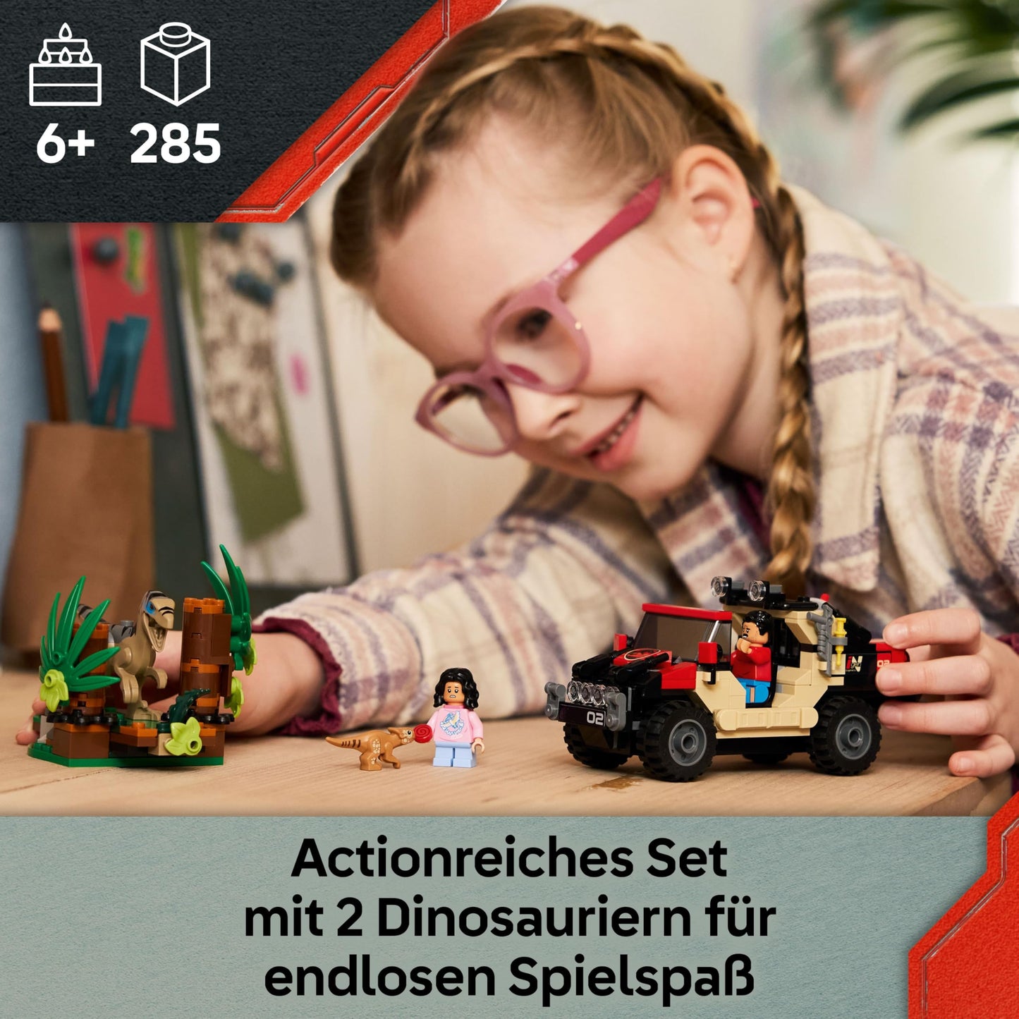 LEGO Jurassic World Raptor: Off-road vehicle chase - 2 dinosaur figures, car, 2 minifigures - gift for boys and girls aged 6 and up, fans of the film "The Rebirth" - 76972