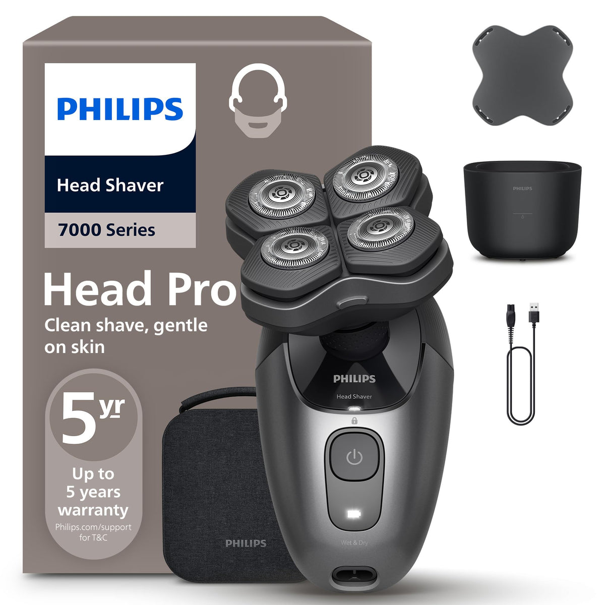 PHILIPS Head Shaver Pro Series 7000 – aparat electric de ras pentru bărbați și femei, cu cap de tăiere flexibil la 360 de grade și lame ComfortCut, pentru o bărbierire temeinică, blândă cu pielea, model HS7980/15