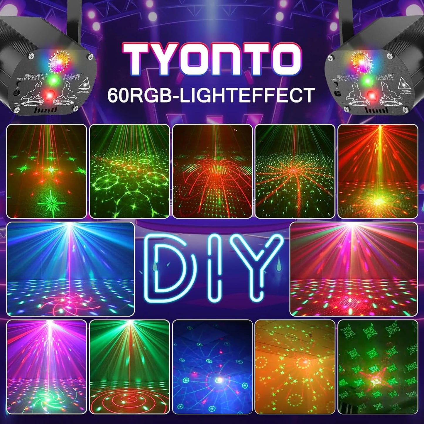 Tyonto Wireless Disco Ball Party Light 4500 mAh Battery Music Controlled Disco Light Party Light 60 Different Patterns Strobe Effect with Remote Control and 2M USB (Battery Version, Black) - 60-BT
