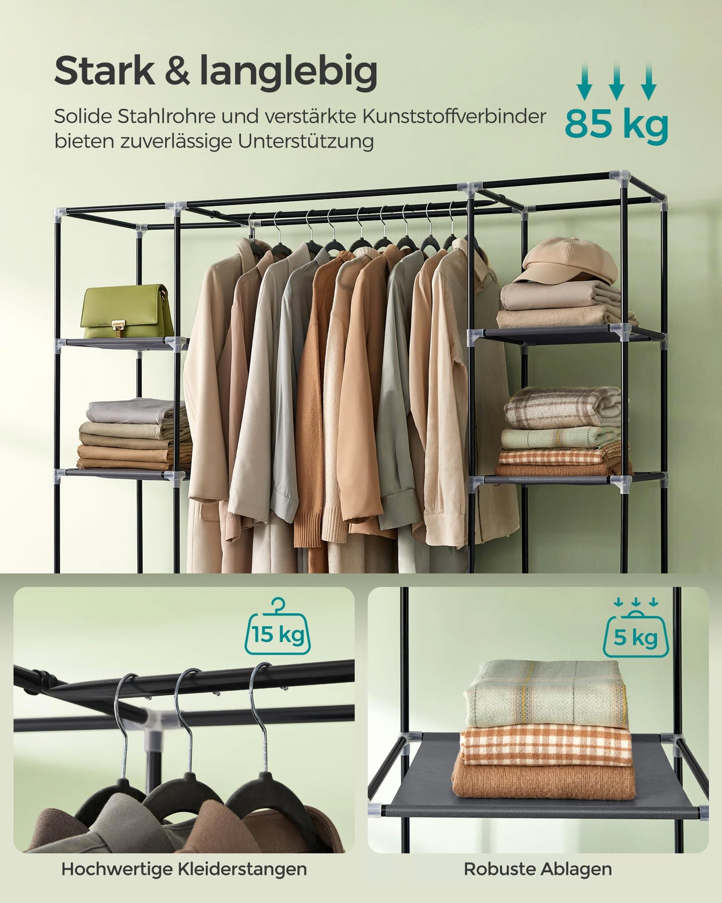 SONGMICS Wardrobe, Fabric Cupboard, 12 with Clothes Rail and Shelves, Sturdy Cupboard, for Bedroom, Dressing Room, 150 x 45 x 175 cm, Gray LSF03G