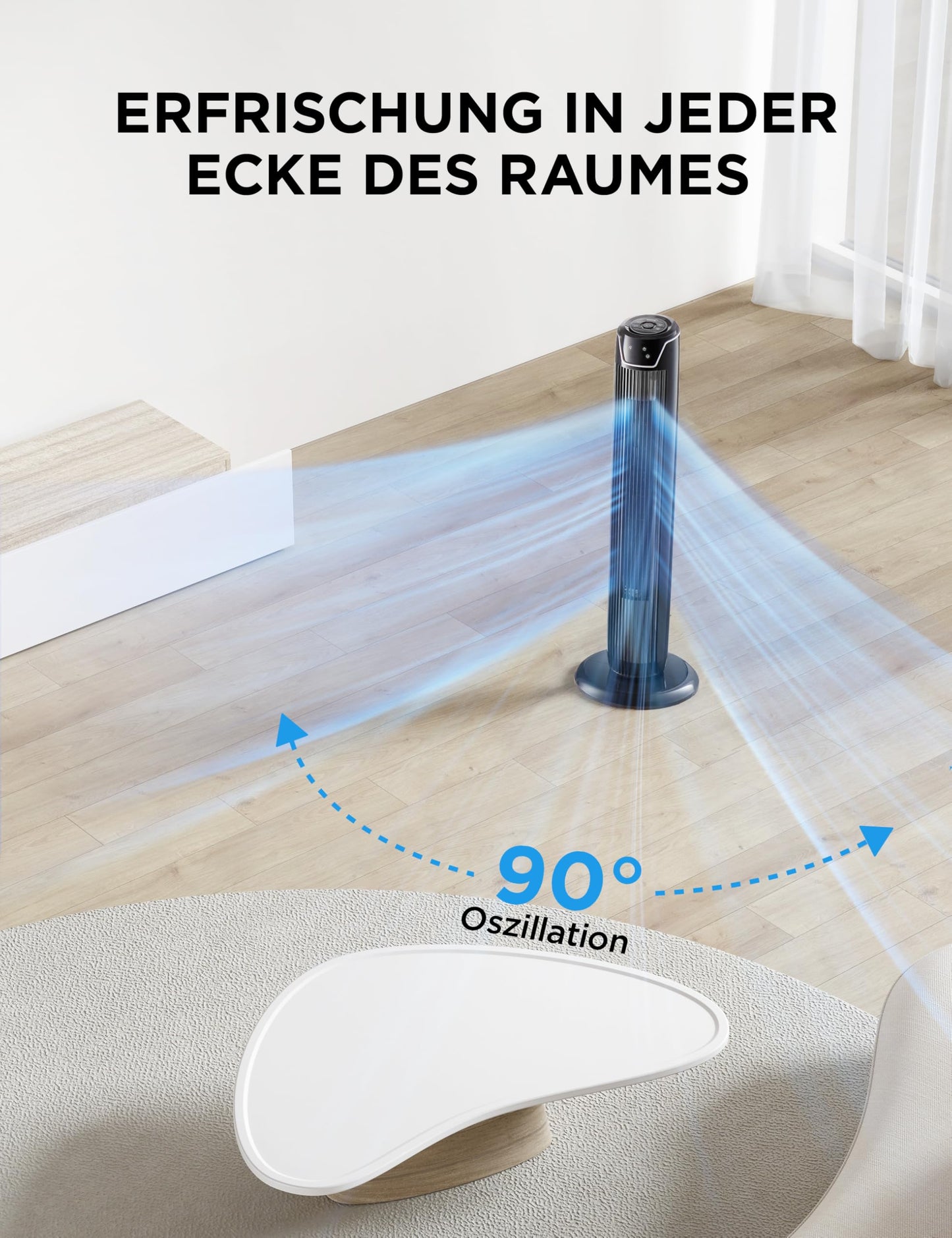 Midea FZ10-17JR Tower Fan Quiet with Remote Control 92CM, Mobile Fan, Column Fan, 7 Hour Timer, 3 Modes, 3 Speeds, 45W Stand Fan, Black