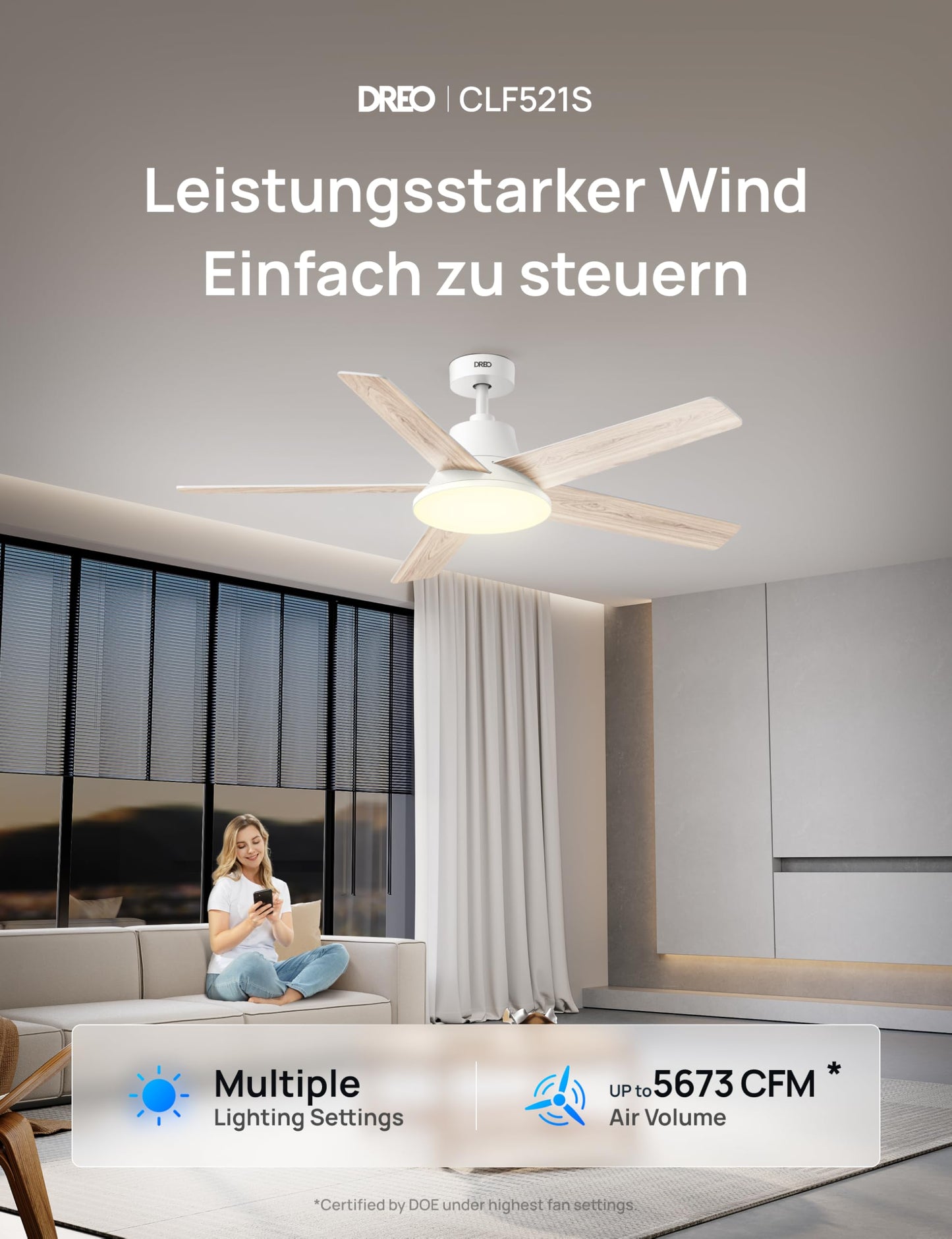 DREO Smart Ceiling Fan with Light, 52" 12 Speeds, 3 Modes, Continuously Dimmable LED Lighting, Quiet DC Motor, 12H Timer, Remote Control/APP/Alexa, Indoor, White - DR-HCF001S