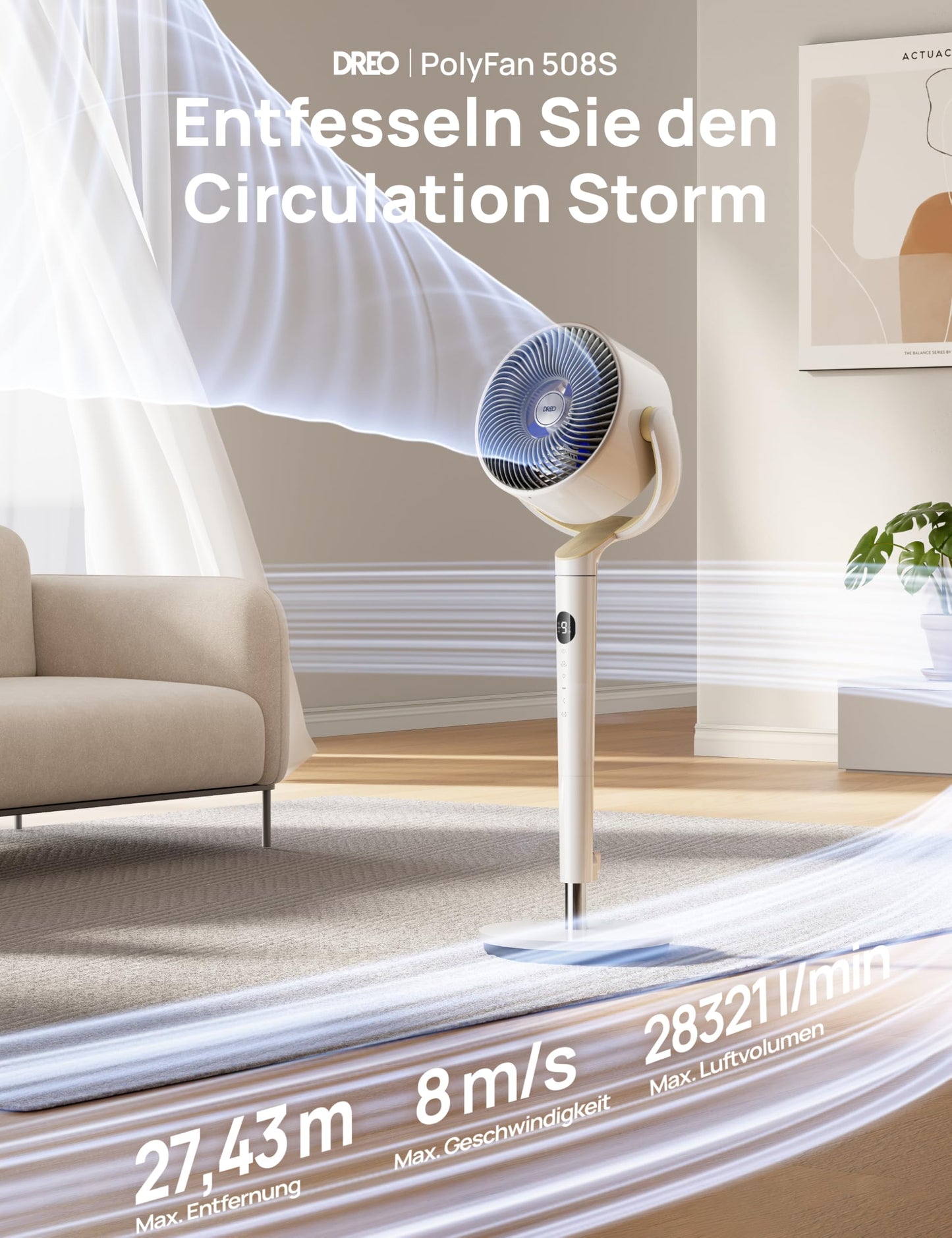 Dreo Smart Pedestal Fan with RGB Light, 120° +120° Oscillating Fan with Remote Control, 20dB Quiet Floor Fan for Bedroom, 90ft, 8H Timer, White - DR-HPF008S