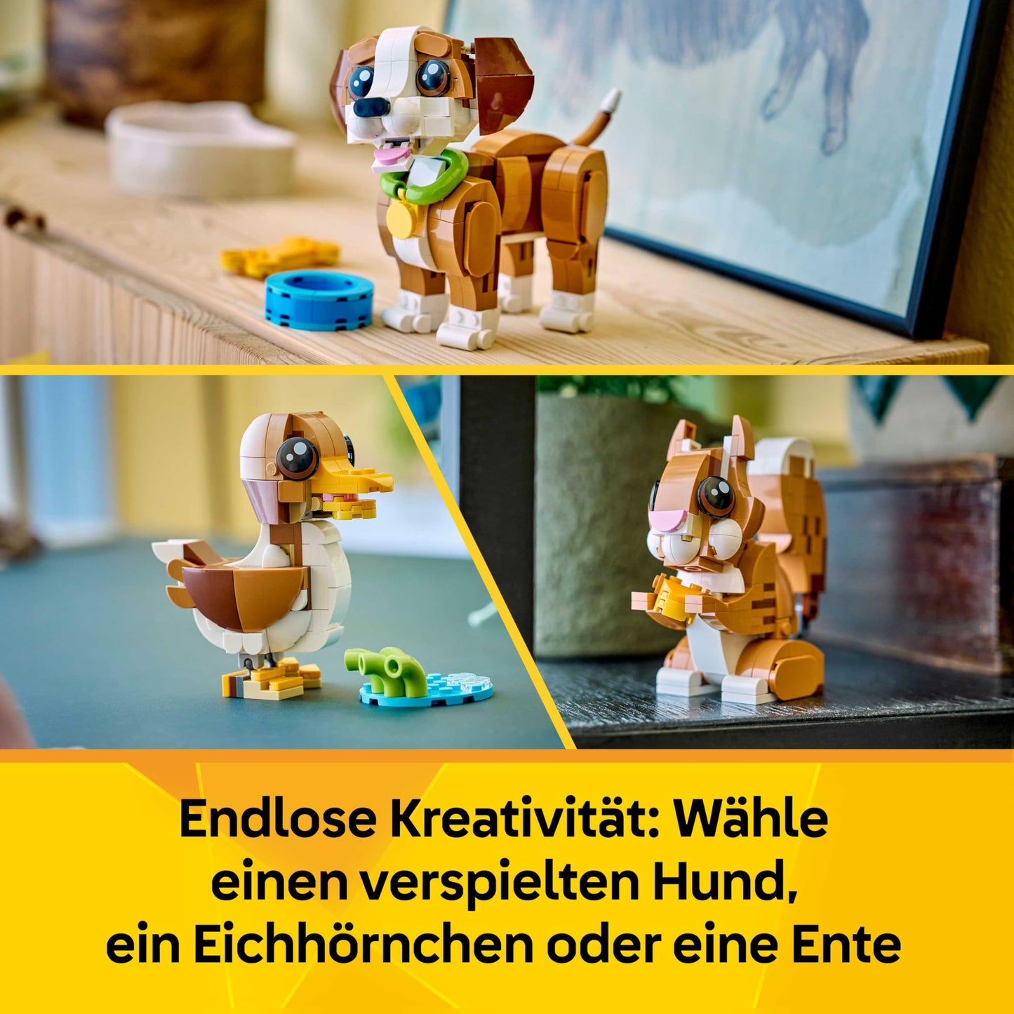 LEGO Creator 3in1 Cute Animals: Playful Puppy Dog Toy - Pet Animal Figure Transforms into a Squirrel or Duck - Creative Birthday Gift for 8+ Year Old Girls & Boys - 31382