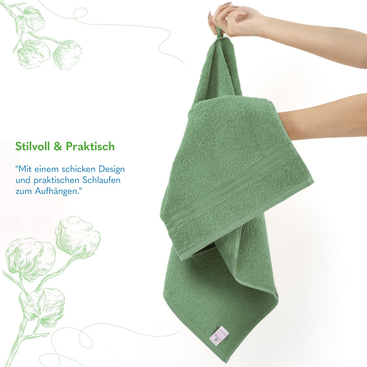 Hammetex set of 6 towels - 2 bath towels 70x140 cm & 4 hand towels 50x100 cm - 100% cotton terry - Oeko-TEX certified - soft, absorbent - with hangers, sage green - RN71