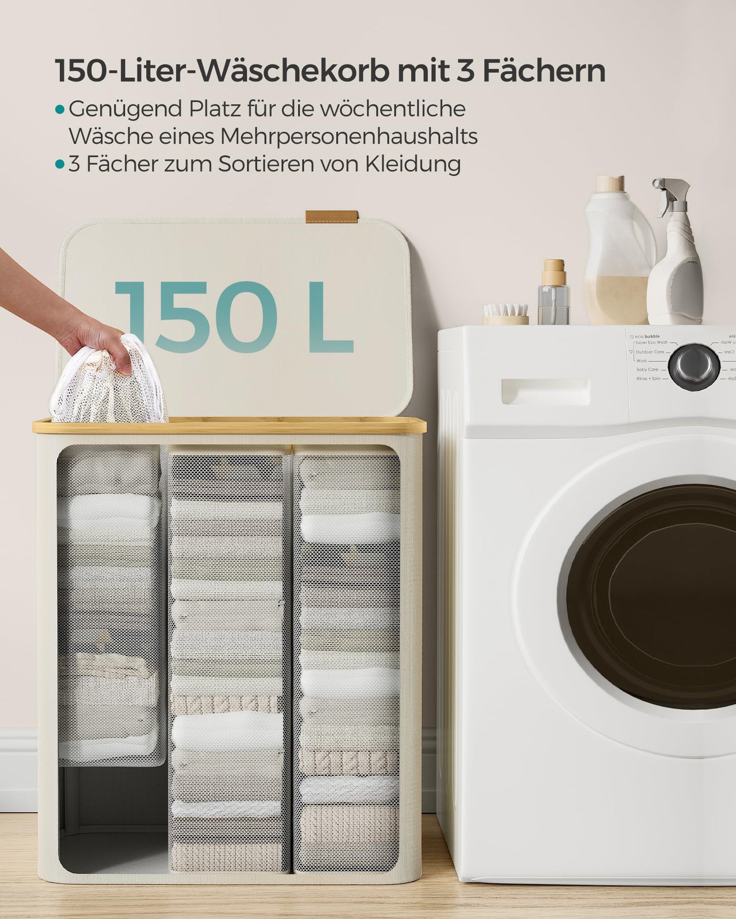 SONGMICS Laundry Basket with Lid, Laundry Hamper with 3 Compartments, 150L, Removable Laundry Bag, Oxford Fabric, Bamboo Handles, Foldable, 60 x 38.5 x 70.5 cm, Cream White LCB515W01 - PCT611W01