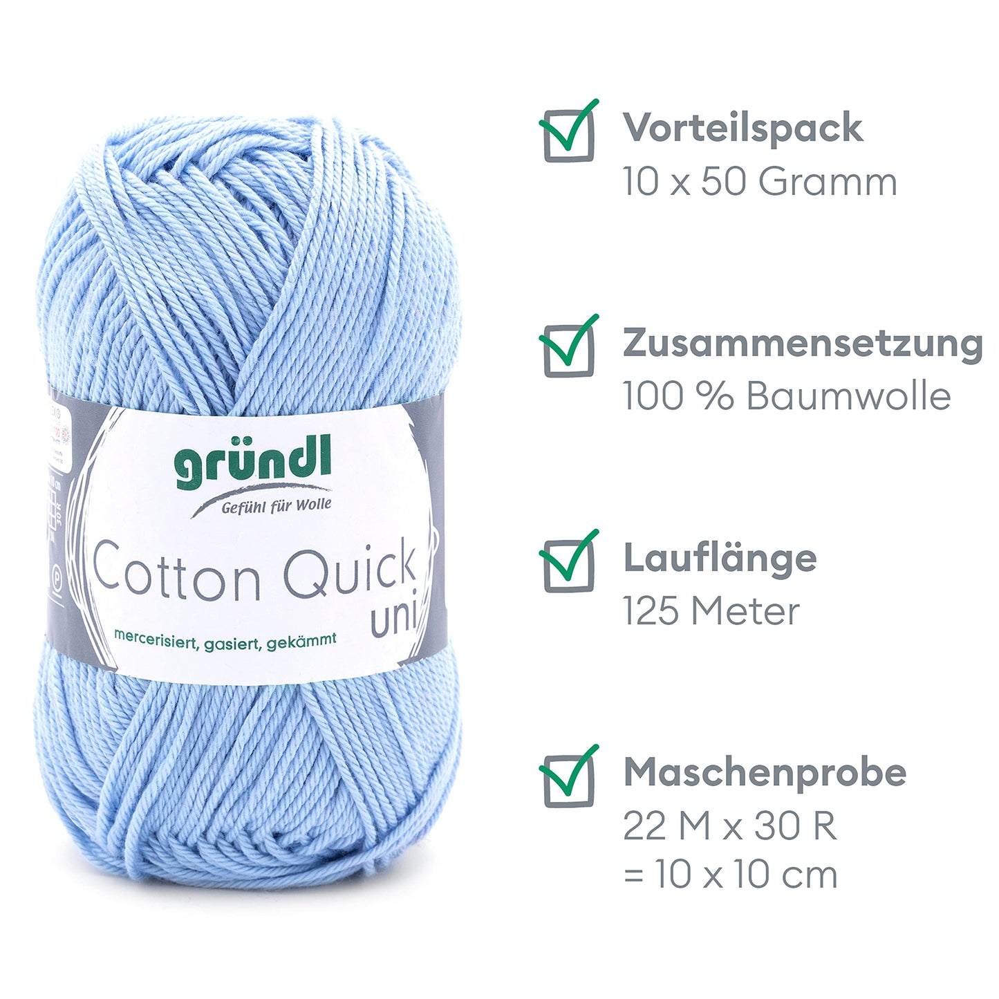 Gründl Wolle Cotton Quick uni - thin wool for crocheting - knitting yarn - crochet yarn - shiny and skin-friendly - 100% cotton - 10 balls 50 g / 125 m - needle size 3-4 - sky blue - 865-148