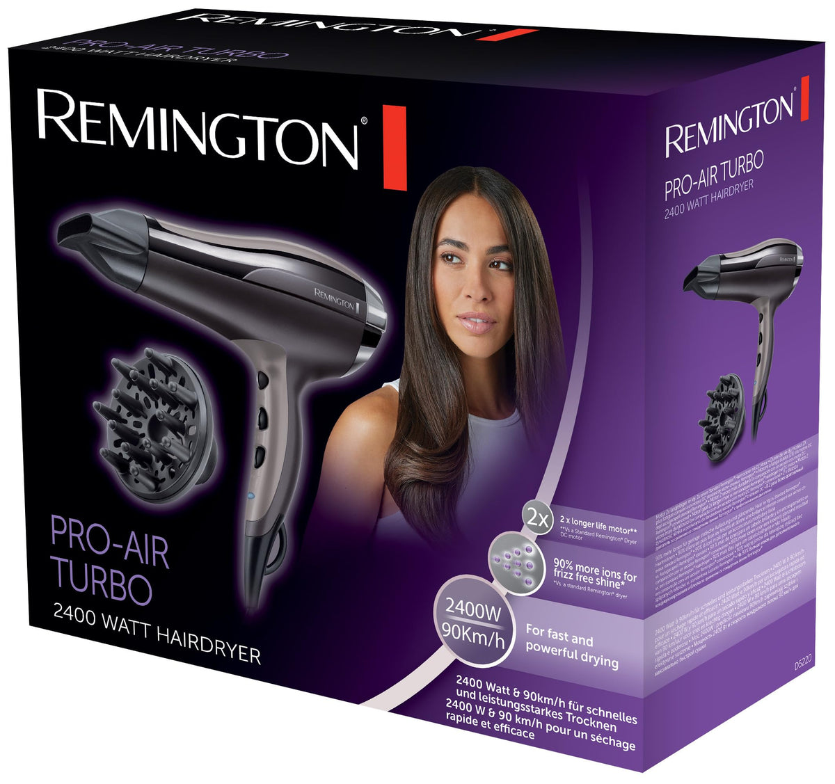 Remington Hair Dryer Ionen [light & powerful] Pro-Air Turbo (2400W, even heat distribution, 3 heat & 2 separate fan settings, cool shot, styling nozzle + diffuser) D5220
