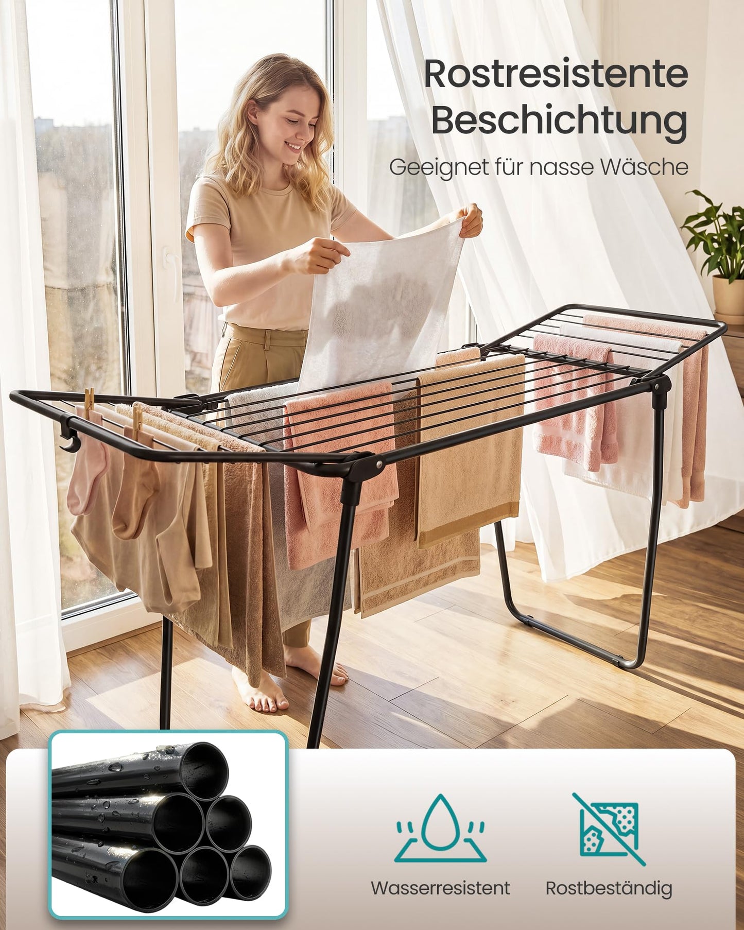 SONGMICS clothes airer, stand dryer 47 x 150 x 91 cm, wing clothes airer, wing clothes dryer, space-saving, metal, for clothes, towels, ink black LLR520BH01